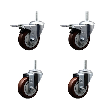Service Caster 35 Inch Maroon Polyurethane Swivel 34 Inch Threaded Stem Caster Set 2 Total Lock Brakes SCC-TSTTL20S3514-PPUB-MRN-34212-2-S2